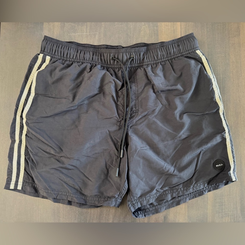 RVCA Men’s Medium Swim Shorts, Black with White Stripes